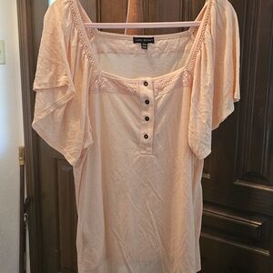 Lane Bryant Blush Peach Lace-Trim Flutter Sleeve Top